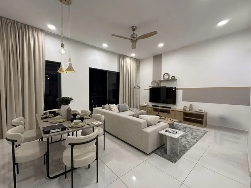 Living features: 3-seater fabric sofa in light beige, 2-seater dining table with black chairs, pendant lighting above dining table, wall-mounted TV, TV console with storage, decorative wall shelves, light grey area rug, floor-to-ceiling windows with sheer curtains, ceiling fan with light, white painted walls, glossy white tile flooring, decorative vases and accessories on shelves; style: modern; view: city.