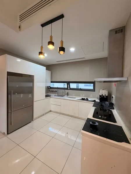 Kitchen features: white cabinetry, black countertop, stainless-steel fridge, built-in oven, 4-burner gas hob, stainless-steel range hood, pendant lighting with three bulbs, white tiled flooring, double-bowl stainless-steel sink, window with multiple panes; style: modern.
