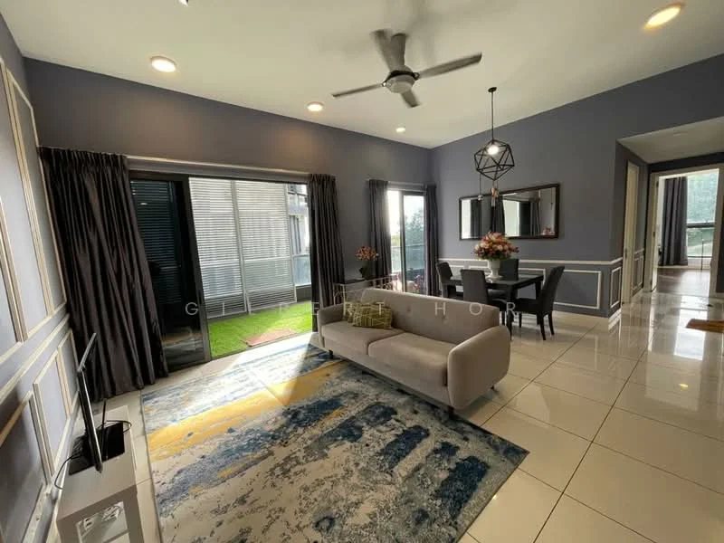 Living features: 3-seater fabric sofa in light grey, coffee table, area rug with abstract pattern, wall-mounted TV, sliding glass door, floor-to-ceiling windows, recessed downlights, ceiling fan, decorative mirror, framed artwork, curtains in dark grey, dining table with chairs visible in background; style: modern; view: garden.