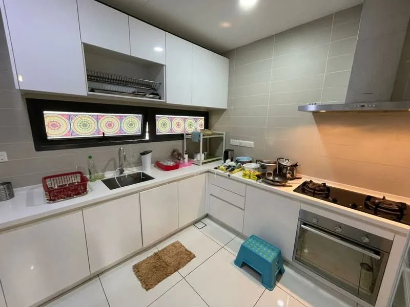 Kitchen features: white cabinetry with flat-panel doors, stainless-steel sink, chrome pull-down faucet, white quartz countertop, built-in gas hob, built-in oven, ceramic tile backsplash, refrigerator, kitchen island, window with decorative film, tile flooring, kitchen mat, blue step stool, dish rack, various cooking utensils; style: modern.