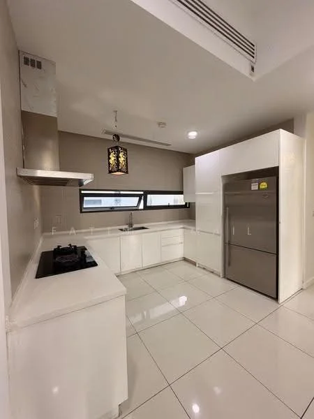 Kitchen features: white cabinetry, stainless-steel fridge, built-in oven, 4-burner gas hob, single-bowl stainless-steel sink, chrome pull-down faucet, white quartz countertop, pendant light fixture, ceramic tile flooring, wall-mounted range hood, window with city view; style: modern; view: city.