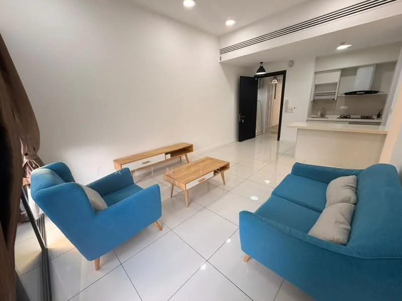 Living features: light grey painted walls, white ceiling, recessed downlights, large floor-to-ceiling windows, white tiled flooring, 2 blue fabric armchairs, wooden coffee table, wooden bench, open kitchen area visible, kitchen countertop, kitchen cabinets; style: modern.