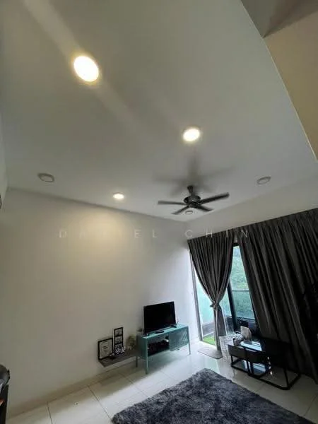 Living features: white painted walls, tile flooring, 5-blade ceiling fan with light, recessed downlights, floor-to-ceiling windows, sliding glass door, curtains, TV console, wall-mounted TV, coffee table; style: modern; view: garden.