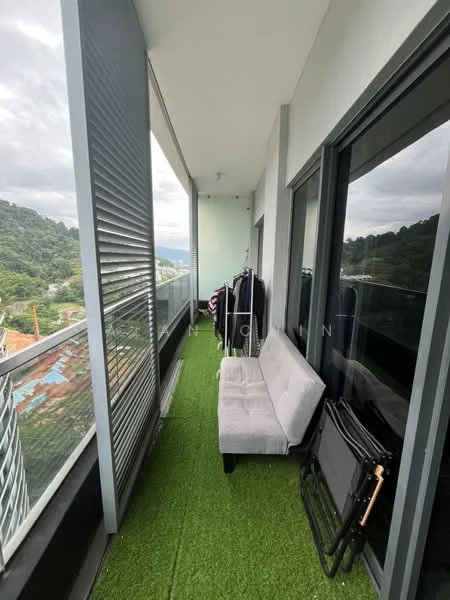 Balcony features: artificial grass flooring, sliding glass doors, metal railing, outdoor seating, clothes drying rack, mountain view; style: modern; view: mountain.