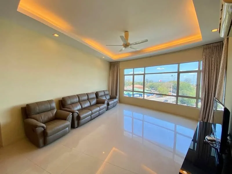 Living features: 3-seater leather sofa in brown, 2-seater leather recliner in brown, polished ceramic tile flooring, tray ceiling with recessed lighting, ceiling fan with light, large floor-to-ceiling windows, curtains in light fabric, neutral painted walls, TV console in black, view of city skyline; style: modern; view: city.