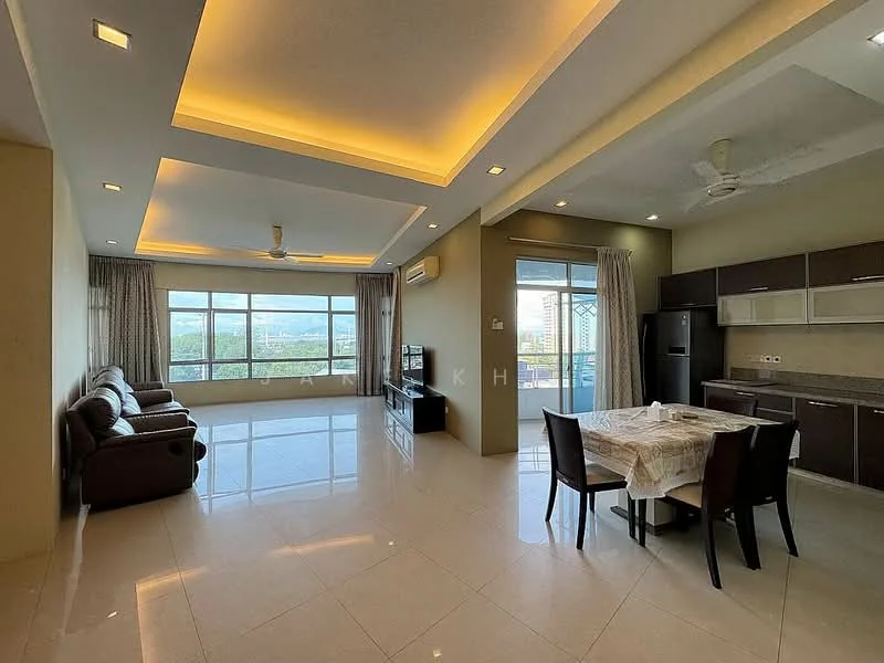 Living features: cream painted walls, white ceiling with recessed lighting, 5-blade ceiling fan with light, large floor-to-ceiling windows, sliding glass door, grey leather sofa, TV console, wall-mounted TV, area rug, dining table with chairs, marble tile flooring; style: modern; view: city.