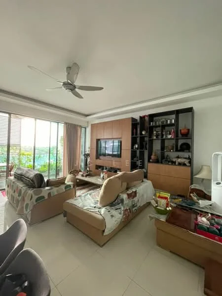 Living features: 3-seater fabric sofa with patterned cushions, 2-seater sofa, coffee table, TV console with built-in shelving, wall-mounted TV, floor-to-ceiling windows, curtains, ceiling fan, decorative items on shelves, laminate flooring, area rug, potted plants; style: modern; view: garden.