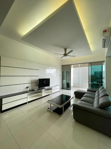 Living features: grey leather sectional sofa, glass coffee table, white TV console, wall-mounted TV, recessed LED downlights, 5-blade ceiling fan, floor-to-ceiling windows, sliding glass door, white painted walls, glossy tile flooring, decorative ceiling with cove lighting, curtains, air conditioning unit; style: modern; view: city.