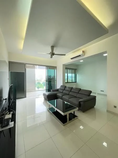 Living features: grey leather sectional sofa, glass coffee table, wall-mounted TV, TV console, white painted walls, recessed downlights, ceiling fan, floor-to-ceiling windows, sliding glass door, white tiled flooring, balcony view, open layout; style: modern; view: city.
