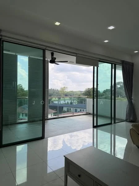 Room features: floor-to-ceiling windows, sliding glass door, 5-blade ceiling fan, white walls, glossy tile flooring, curtains, balcony view, natural light; style: modern; view: garden.