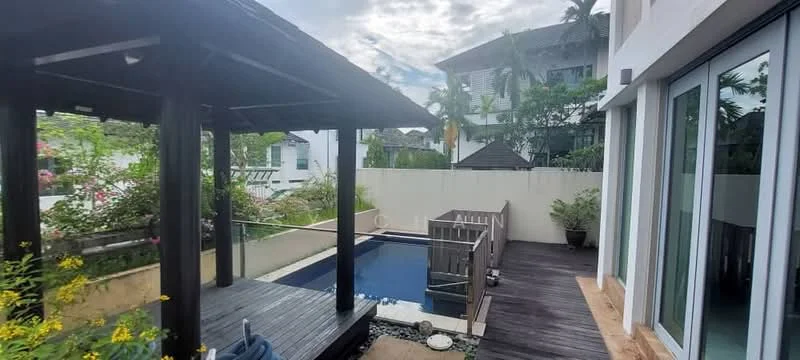 Exterior type: detached bungalow; features: swimming pool, wooden deck, gazebo, landscaped garden, potted plants, fence, outdoor seating area, surrounded by greenery; style: modern.