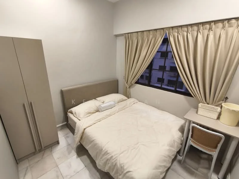 Bedroom features: queen-size bed with beige upholstered headboard, white bedding, cream curtains, floor-to-ceiling window, light grey painted walls, marble tile flooring, study desk with white surface, wooden chair with cushion, built-in wardrobe with sliding doors, decorative storage basket; style: modern.