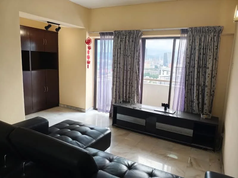 Living features: black leather sectional sofa, marble flooring, floor-to-ceiling windows, curtains with floral pattern, wooden TV console, wall-mounted TV, decorative wall unit, city skyline view; style: modern; view: city.