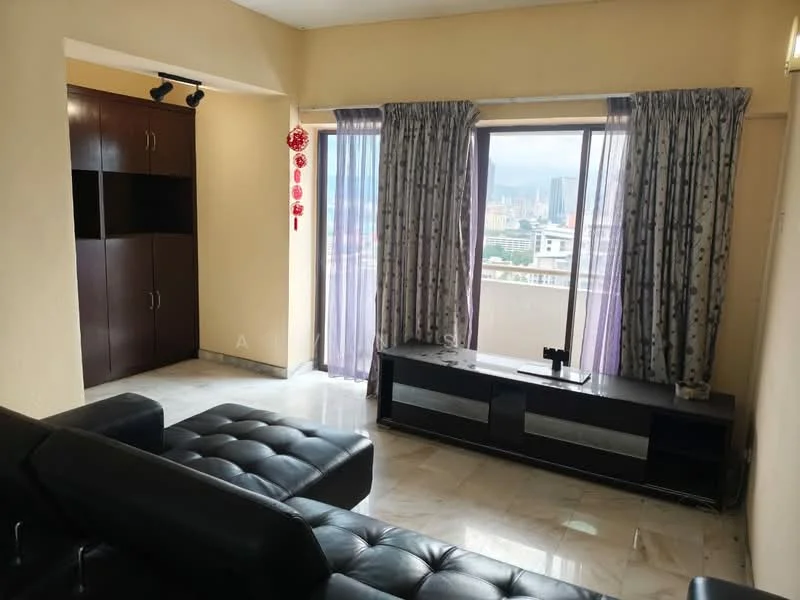 Living features: black leather sectional sofa, marble flooring, floor-to-ceiling windows, sheer curtains, black TV console, built-in cabinetry, city skyline view, decorative wall hangings; style: modern; view: city.