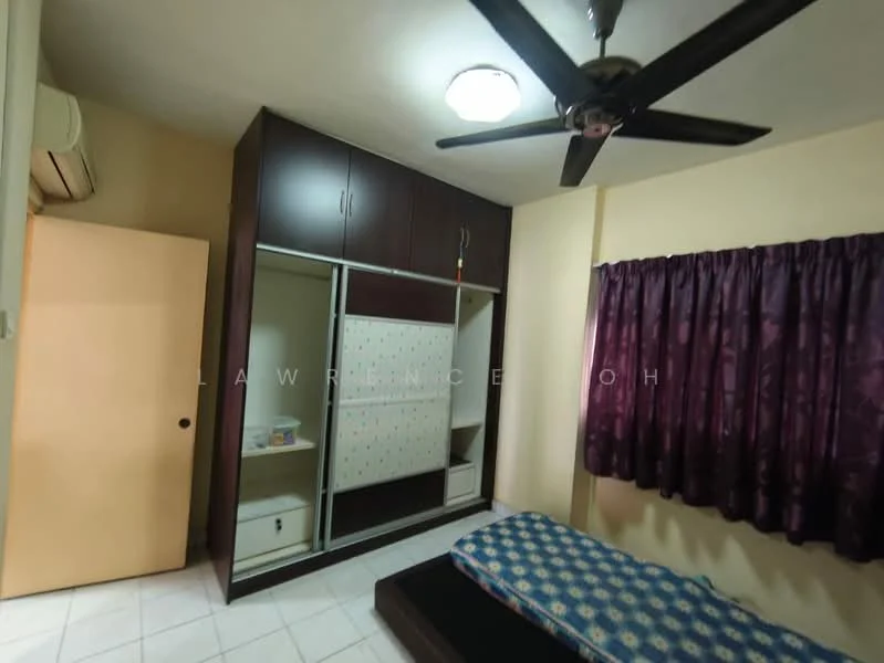Bedroom features: single bed, upholstered headboard, built-in wardrobe with sliding doors, ceiling fan, wall-mounted air conditioning unit, purple curtains, tile flooring, light fixture on ceiling.