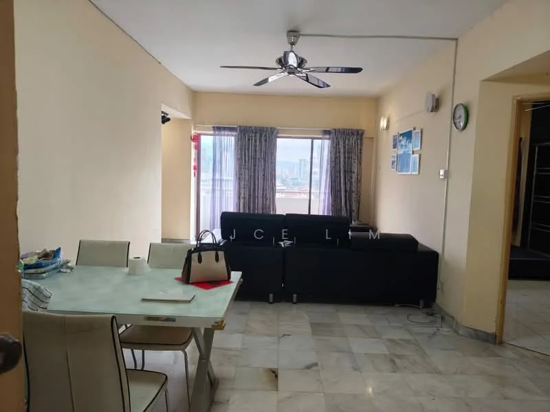 Living features: 5-blade ceiling fan with light, floor-to-ceiling windows, grey fabric sofa, marble flooring, dining table with chairs, curtains, wall-mounted clock, decorative wall art; style: modern; view: city.