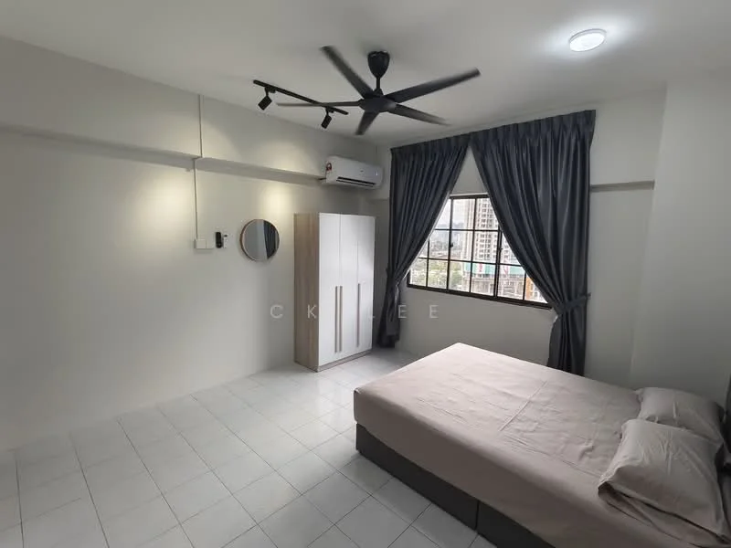 Bedroom features: queen-size bed with beige bedding, upholstered headboard, 2 bedside lamps, built-in wardrobe with sliding doors, floor-to-ceiling window with city view, grey curtains, 1 wall-mounted split AC, ceiling fan with light, white painted walls, tile flooring; style: modern; view: city.