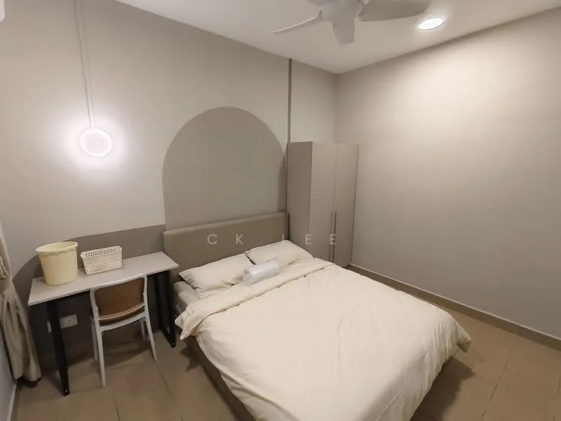Bedroom features: queen-size bed with beige bedding, upholstered headboard, light-colored walls, ceiling fan, built-in wardrobe in light grey, study desk with chair, table lamp, tile flooring, wall-mounted light fixture; style: modern.