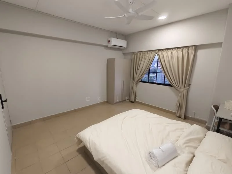 Bedroom features: white painted walls, cream tiled flooring, 5-blade ceiling fan with light, wall-mounted split AC, floor-to-ceiling window, curtains, queen-size bed with white bedding, built-in wardrobe, study desk, chair; style: modern; view: city.