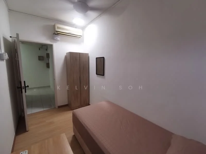 Bedroom features: single bed, wooden flooring, white painted walls, 5-blade ceiling fan, wall-mounted air conditioning unit, wooden wardrobe, framed artwork, door leading to hallway.