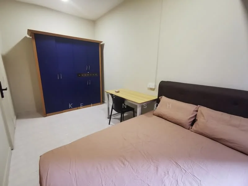 Bedroom features: king-size bed with upholstered headboard, light pink bedding, built-in wardrobe with blue doors, wooden study desk, black chair, white walls, tile flooring, ceiling light fixture; style: modern.