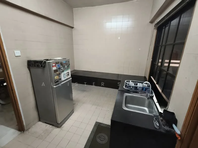 Kitchen features: stainless-steel fridge, single-bowl stainless-steel sink, black countertop, tile flooring, white tiled walls, window with black frame, built-in bench seating, dish rack, kitchen cabinet, wall-mounted electrical outlet.