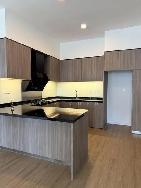 Kitchen features: black granite countertop, wood cabinetry with a natural finish, stainless-steel gas hob, stainless-steel range hood, single-bowl stainless-steel sink, chrome pull-down faucet, white painted walls, laminate flooring, recessed downlights, open layout, kitchen island; style: modern.