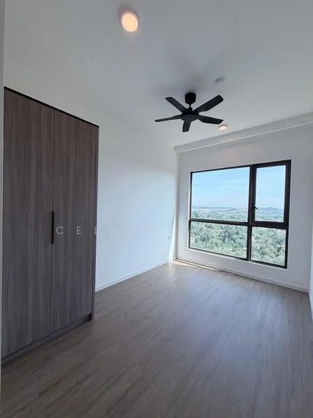 Bedroom features: light wood laminate flooring, white painted walls, ceiling fan, large window with city view, built-in wardrobe with wood finish, recessed lighting; style: modern; view: city.