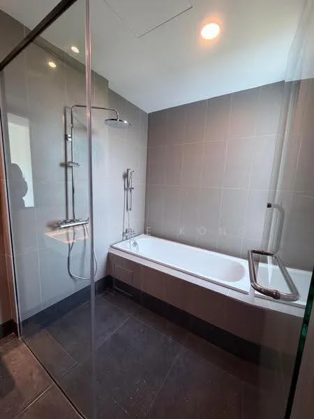 Bathroom features: walk-in shower with glass enclosure, rain shower head, handheld shower, built-in bathtub, grey tile cladding on walls, dark tile flooring, chrome basin mixer faucet, wall-mounted shower controls, glass shower screen, recessed lighting; style: modern.