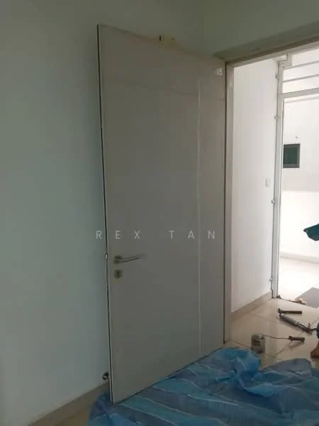 Room features: white painted walls, light-colored floor tiles, plain door, metal door handle, door frame, door hinges, visible floor covering, partially visible wall, natural light from adjacent area; style: modern.