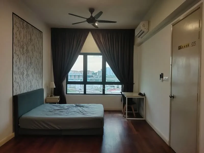 Bedroom features: queen-size bed, upholstered headboard, 2 bedside lamps, study desk, chair, floor-to-ceiling windows, blackout curtains, wooden flooring, wall-mounted air conditioning unit, decorative wall with pattern, light fixture, wall clock; style: modern; view: city.