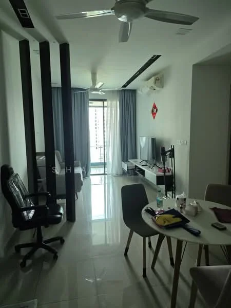 Living features: white painted walls, glossy tile flooring, 5-blade ceiling fan with light, floor-to-ceiling windows, sliding glass door, curtains, wall-mounted TV, TV console, dining table with chairs, office chair, decorative wall art, air conditioning unit; style: modern; view: city.
