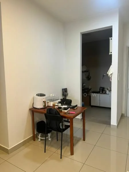 Room features: light beige painted walls, glossy ceramic tile flooring, wooden table, black chair, small kitchen appliances, open doorway leading to another room, kitchen cabinetry visible in the background; style: modern.