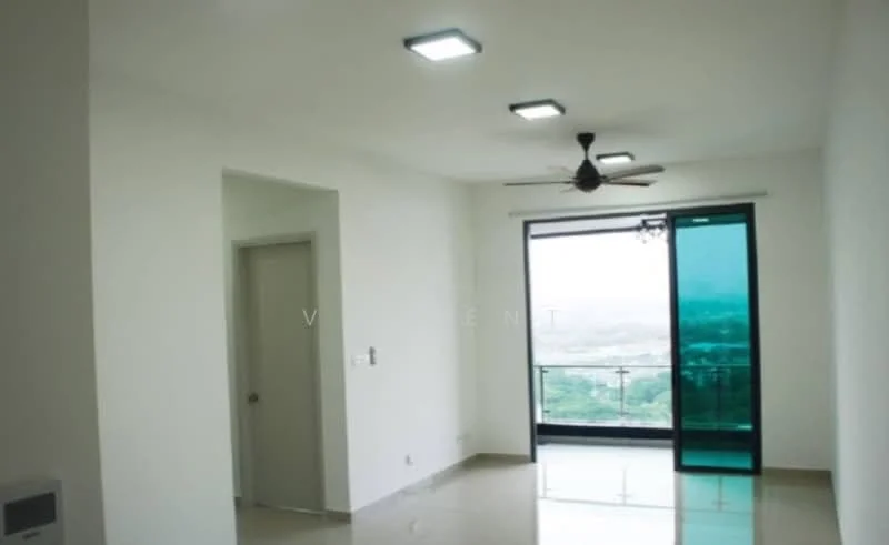 Living features: white painted walls, polished ceramic tile flooring, 5-blade ceiling fan with light, recessed LED downlights, floor-to-ceiling sliding glass door, balcony access, city view, window treatments with sheer curtains; style: modern; view: city.