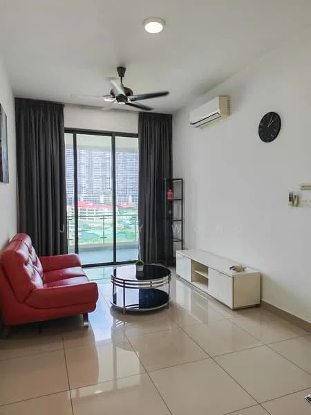 Living features: red leather sofa, round glass coffee table, white TV console, floor-to-ceiling windows, black curtains, wall-mounted clock, 1 wall-mounted split AC, glossy tile flooring, neutral painted walls, ceiling light, decorative shelving unit; style: modern; view: city.