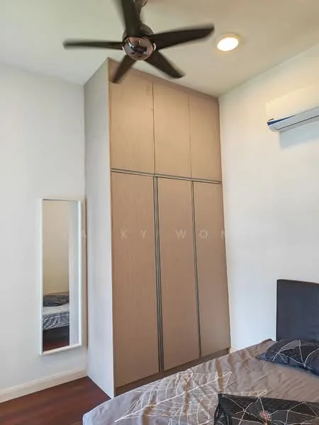 Bedroom features: king-size bed, upholstered headboard, built-in wardrobe with sliding doors, mirror on wall, ceiling fan, wall-mounted split AC, wooden flooring, recessed lighting; style: modern.