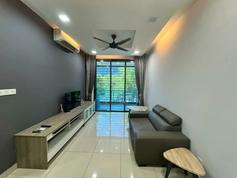 Living features: 3-seater leather sofa, wooden coffee table, TV console, wall-mounted TV, floor-to-ceiling windows, sliding glass door, grey accent wall, white painted walls, recessed downlights, 5-blade ceiling fan, curtains, glossy tile flooring, air conditioning unit; style: modern; view: garden.