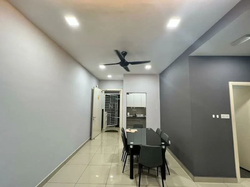 Dining features: rectangular dining table, 6 dining chairs, white walls, grey accent wall, polished tile flooring, 5-blade ceiling fan, recessed LED downlights, door leading to outdoor area; style: modern.