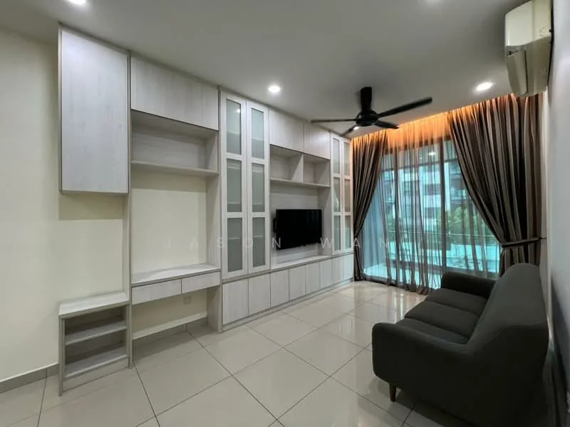 Living features: light grey painted walls, white cabinetry with glass doors, built-in TV console, black wall-mounted TV, 3-seater fabric sofa in dark grey, floor-to-ceiling windows, sheer curtains, recessed downlights, ceiling fan, glossy ceramic tile flooring; style: modern; view: garden.