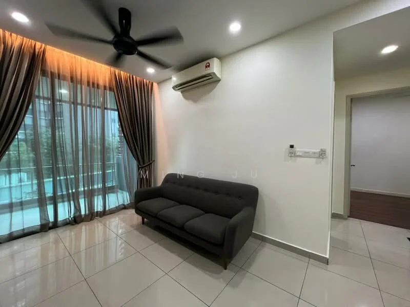 Living features: 3-seater fabric sofa in dark grey, floor-to-ceiling windows, sheer curtains, wall-mounted split AC, recessed LED downlights, ceiling fan, glossy tile flooring, neutral painted walls; style: modern; view: garden.