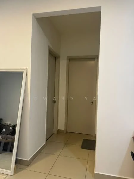 Room features: white painted walls, light beige floor tiles, two doors, mirror on the left, doorway arch, neutral color scheme, small mat at entrance; style: modern.