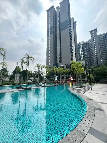 Exterior type: high-rise condominium; features: infinity pool, swimming pool deck with loungers, landscaped garden with palm trees, tiled pool surface with mosaic pattern, surrounding greenery, children's playground visible in background, modern architectural design, multiple high-rise buildings in vicinity; style: modern.