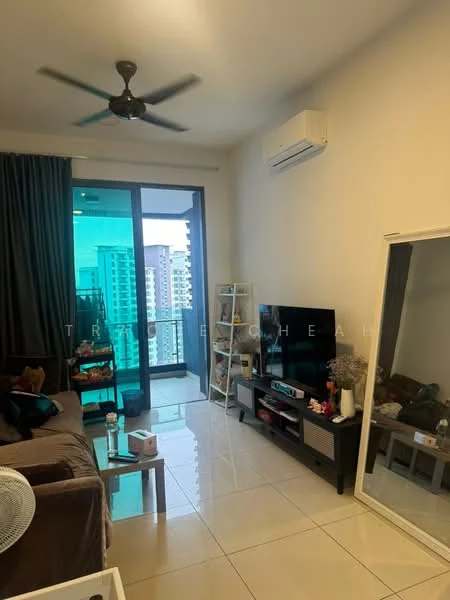 Living features: 3-seater fabric sofa in brown, coffee table, wall-mounted TV, TV console, floor-to-ceiling windows, sliding glass door, curtains, ceiling fan, wall-mounted air conditioning unit, decorative mirror, ceramic tile flooring, decorative plants; style: modern; view: city.
