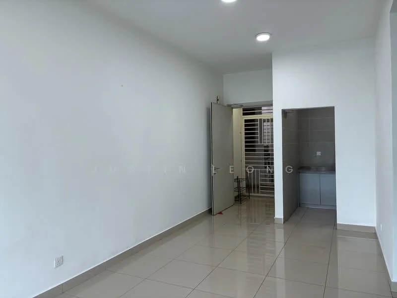 Room features: white painted walls, glossy tile flooring, recessed downlights, open doorway, window with security grille, kitchen area visible, neutral color scheme; style: modern.