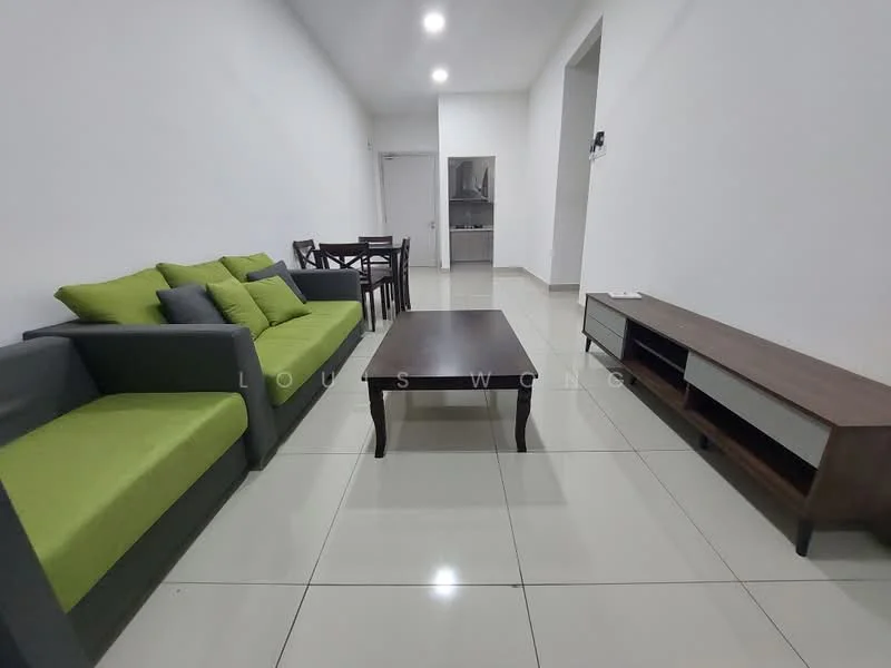 Living features: 3-seater fabric sofa in green and grey, 2-seater fabric sofa in grey, coffee table with dark wood finish, TV console with drawers, white painted walls, glossy tile flooring, recessed downlights, dining table with 4 chairs in dark wood; style: modern.