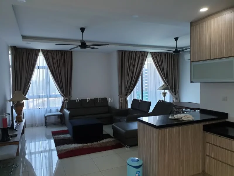 Living features: 3-seater fabric sofa in grey, L-shape sectional sofa, coffee table, area rug with geometric pattern, 2 ceiling fans, floor-to-ceiling windows, curtains, lamps on side tables, wall-mounted TV, polished tile flooring, light-colored walls, wooden console table; style: modern; view: city.