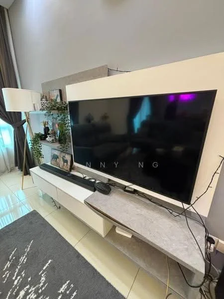 Living features: wall-mounted TV, TV console with storage, decorative plants on shelves, grey area rug with geometric pattern, floor lamp, light-colored wall, large window with sheer curtains, recessed lighting; style: modern.