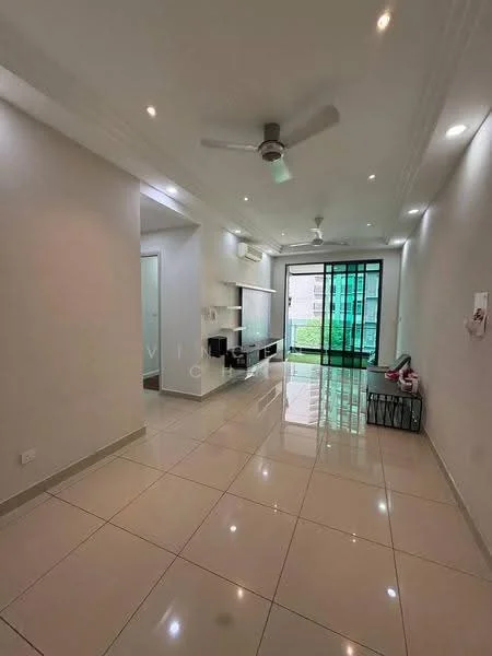 Living features: white painted walls, glossy ceramic tile flooring, recessed downlights, 5-blade ceiling fan with light, floor-to-ceiling sliding glass door, green garden view through glass door, built-in shelving unit, wall-mounted TV console, decorative wall trim; style: modern; view: garden.