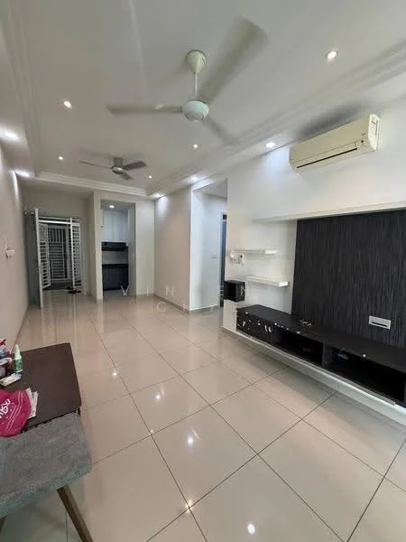 Living features: white painted walls, glossy ceramic tile flooring, recessed downlights, 5-blade ceiling fan, wall-mounted air conditioning unit, TV console with dark wood finish, open shelving unit, decorative wall paneling, coffee table, sofa, sliding door to balcony, neutral color scheme; style: modern. Room features: white painted walls, glossy ceramic tile flooring, recessed downlights, 5-blade ceiling fan, wall-mounted air conditioning unit.