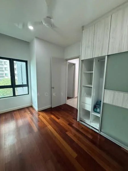 Bedroom features: wooden flooring, white painted walls, ceiling fan, floor-to-ceiling window, built-in wardrobe with sliding doors, natural light from window, neutral color scheme, doorway leading to another room; style: modern; view: garden.